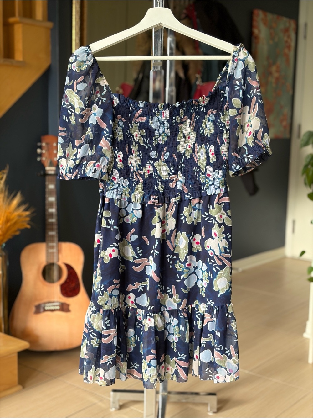 Wilfred Navy Floral Smocked Mini Dress with Pastel Blooms